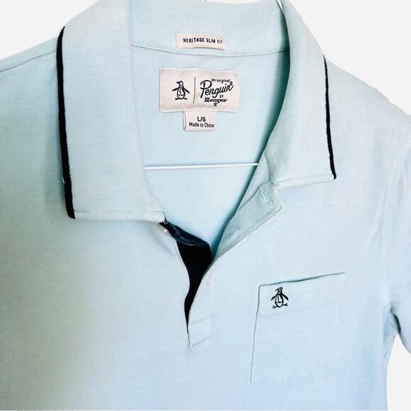 MENS ORIGINAL PENGUIN Navy Light Blue Casual Button Polo Short Sleeve Shirt M - Picture 6 of 8
